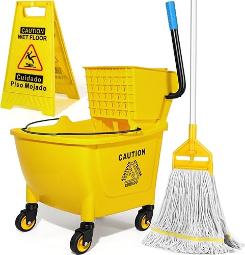 Miniatura 1 de Cubo de trapeador comercial de 35 cuartos de galón con escurridor de prensa lateral sobre ruedas, juego de trapeador industrial resistente y cubo