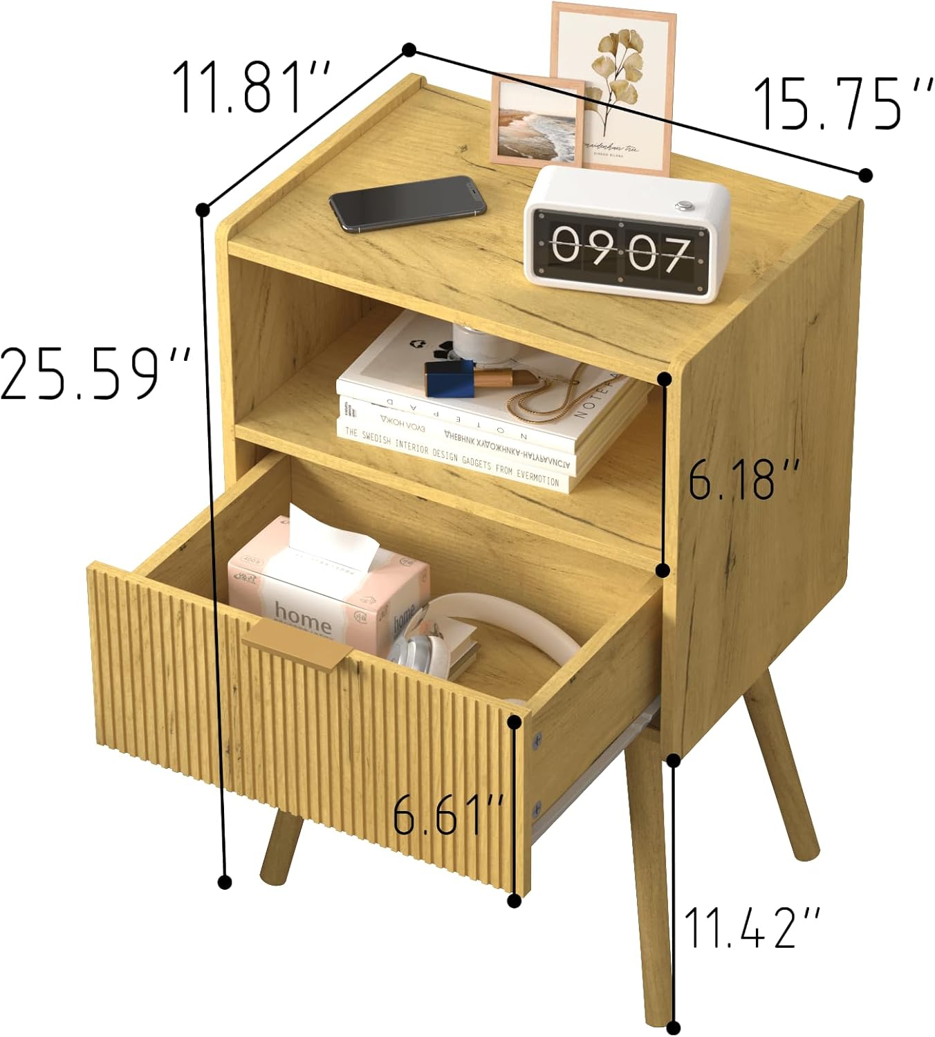 JOONEE Nightstand,Modern Bedside Table with Storage Drawer and Open Wood Shelf, for Living Room, Bedroom and Small Spaces, Accent Night Stand with Solid Wood Legs, Easy Assembly,Vintage Yellow Oak