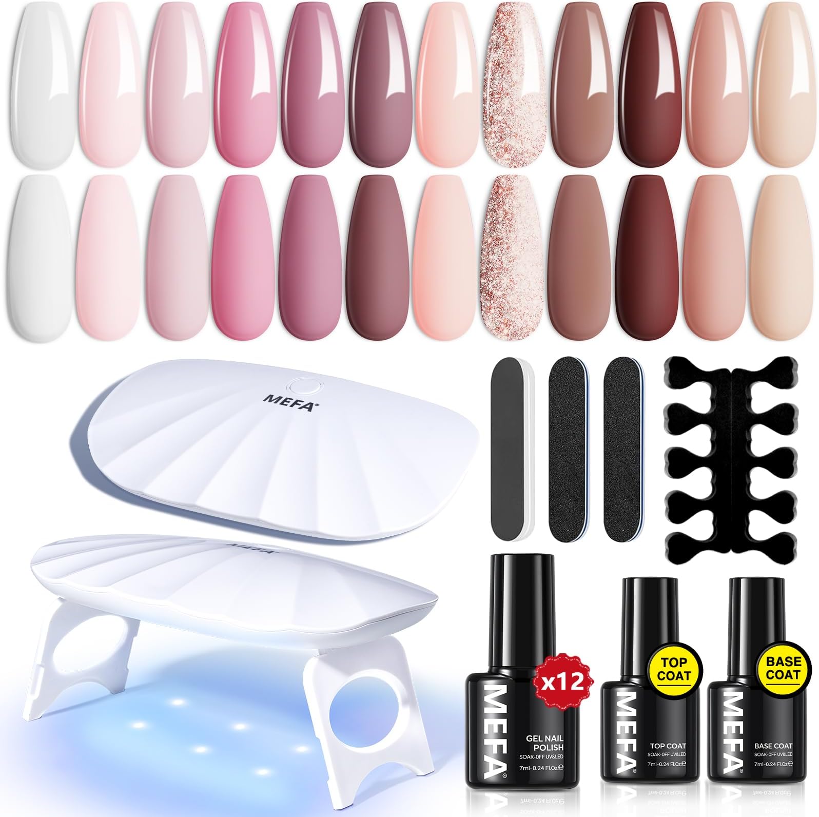 MEFA 19 Pcs Gel Nail Polish Kit with U V Light, 12 Colors All Seasons Nude Pink Milky White Soak Off Gel Polish Nail Set with Base Top Coat Essential Manicure Tools Beginners Salon Nails DIY Art