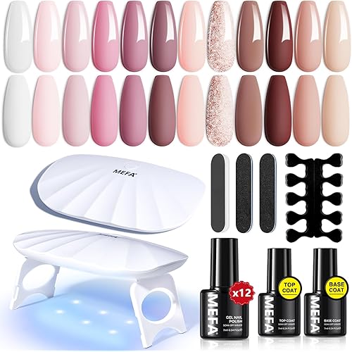 MEFA 19 Pcs Gel Nail Polish Kit with U V Light 12 Colors (6W Mini Portable Lamp)(Includes Base/Top Coat & Manicure Beginners Tools) DIY Salon At Home, For All Seasons, Nude Milky White Soak Off