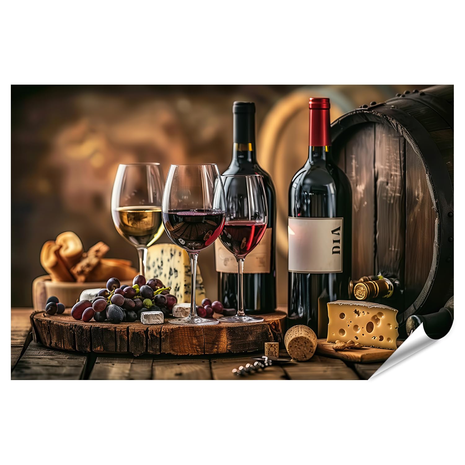 islandburner Prime XXL - Poster con due bicchieri da vino, uno bianco, rosso su tavolo in legno, accanto a bottiglie, formaggio, uva