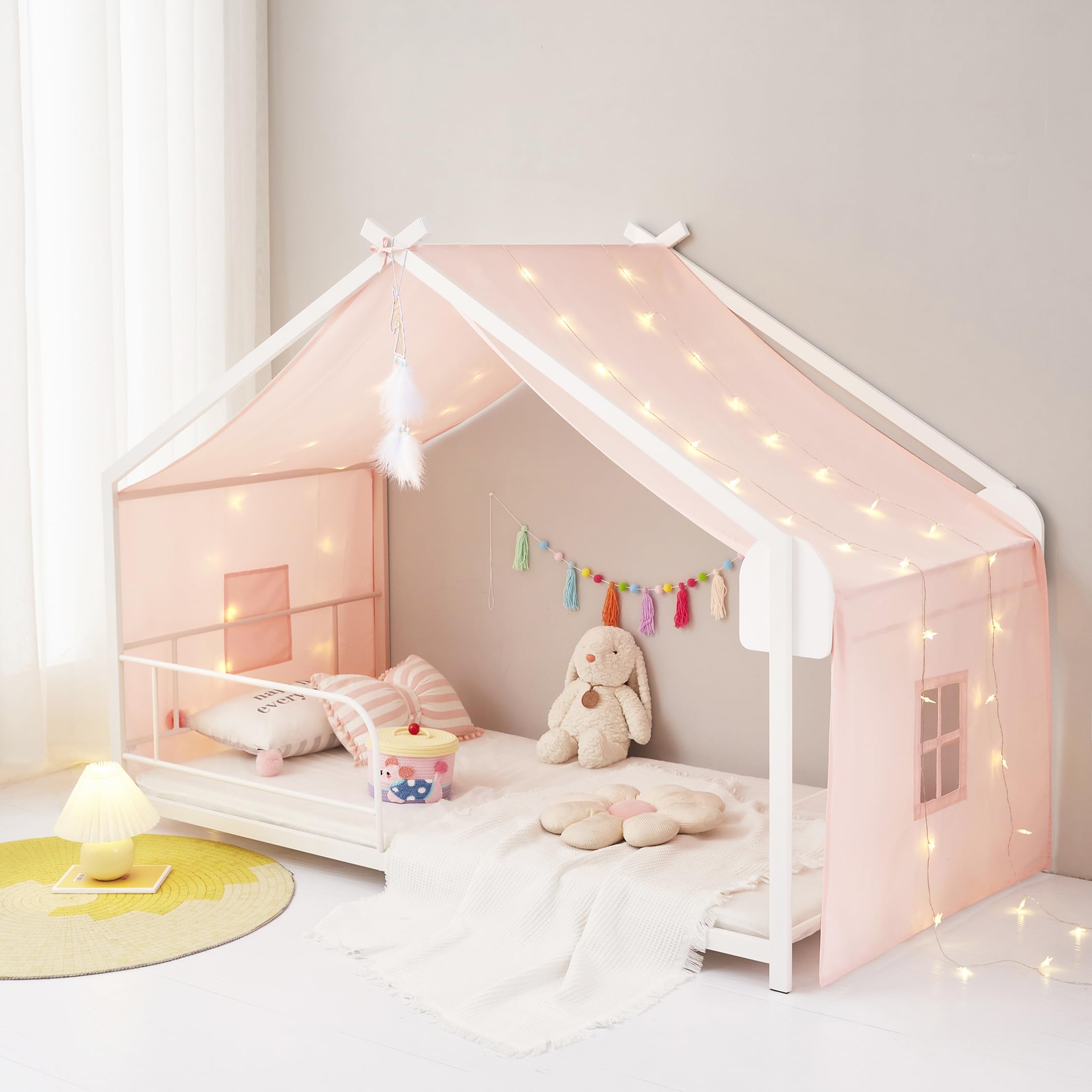 Mengersi Bed Canopy House Canopy Bed Curtains with Lights,Montessori House Bed Metal Floor Bed Canopy for Girls Boys,Fit for Twin Full Queen Bed Decorations (Beige Pink)-image-40