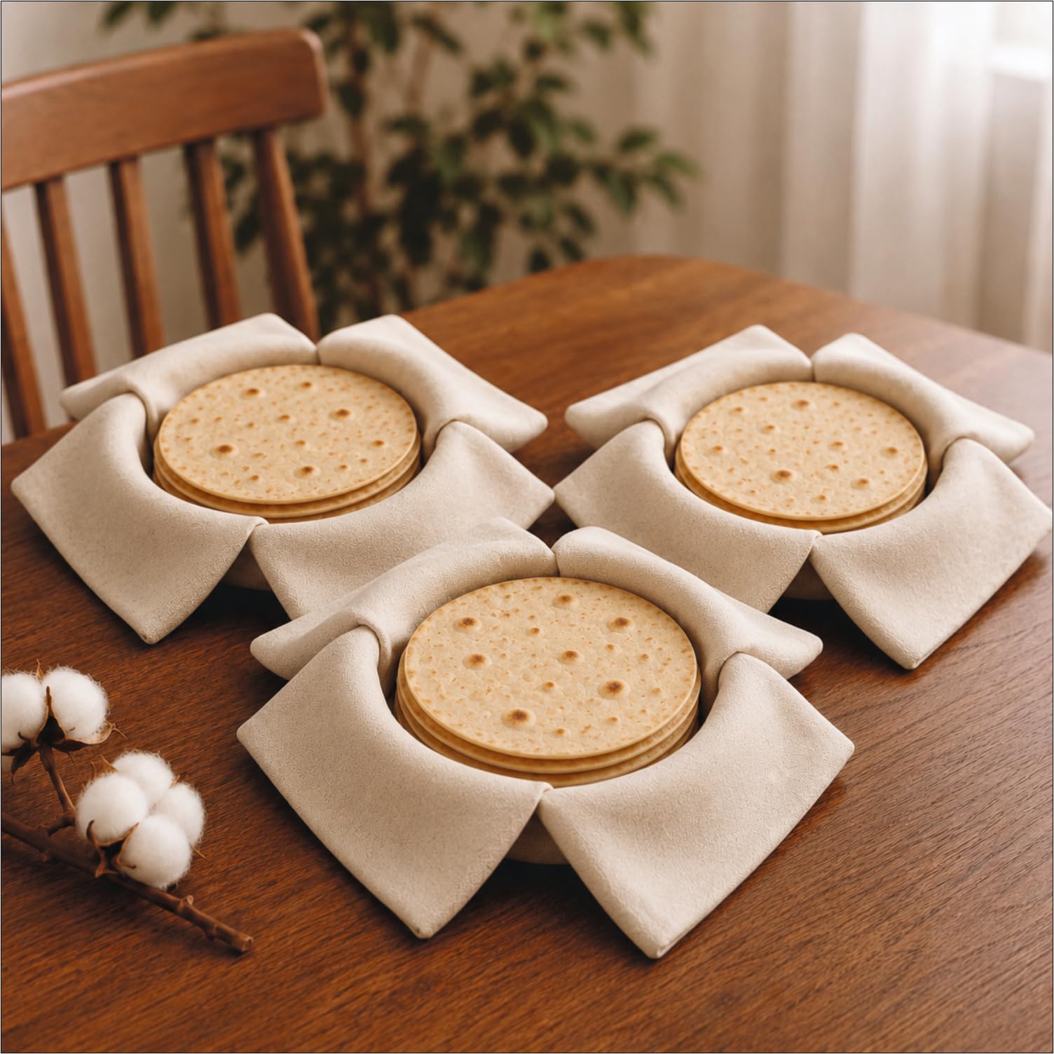 CHI-SHI Pack of 3 Cotton Roti Clothes Wrap with Flaps, Double Layer Cotton Cover for Chapati, Hot Case, Traditional Style Kitchen Chapati Wrap, Kitchen Roti Cover for Tiffin-image-14