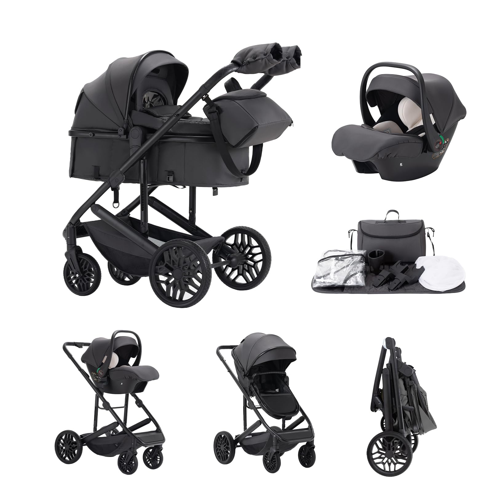 Kakbgee 3 in 1 Travel System & Car Seat, Pram One-Click Recline & Foldable
