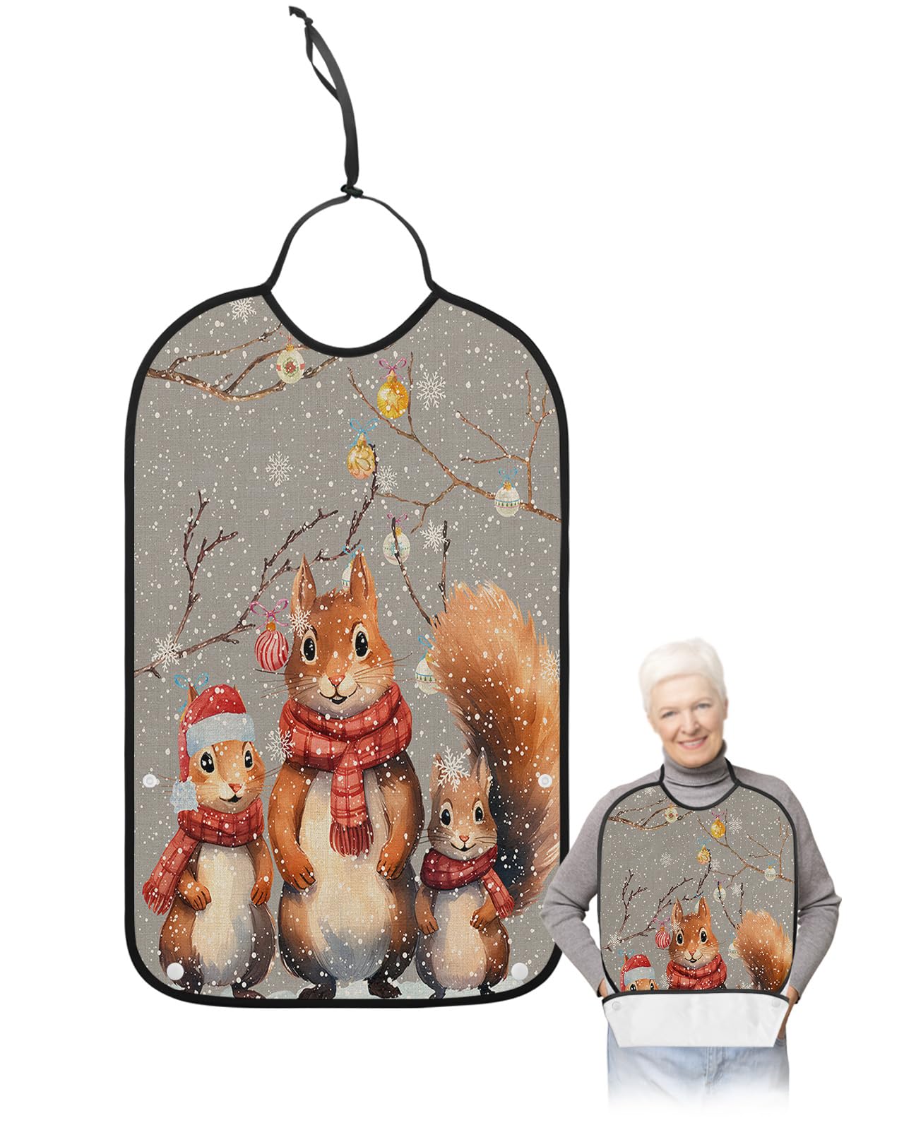 Adult Bibs for Elderly Women - Grey Squirrels Christmas Waterproof Dining Clothing Protectors with Crumb Catcher for Eating/Feeding, Xmas Tree Balls Winter Snowflake Terry Cloth Bib Machine Washable