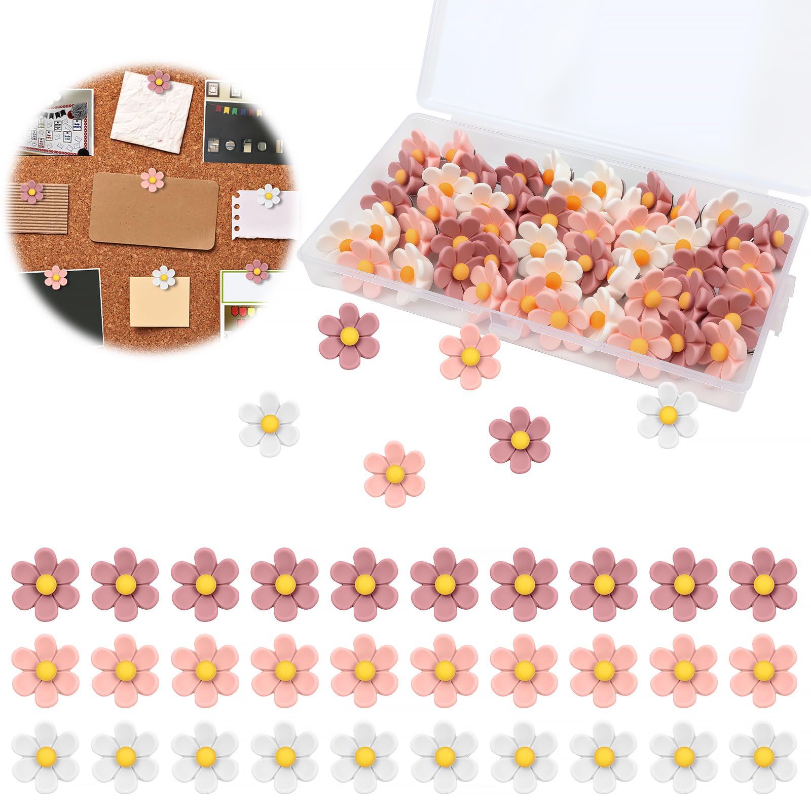 50 PCS Flower Drawing Pins, Drawing Matte Flower Pins for Pinboard