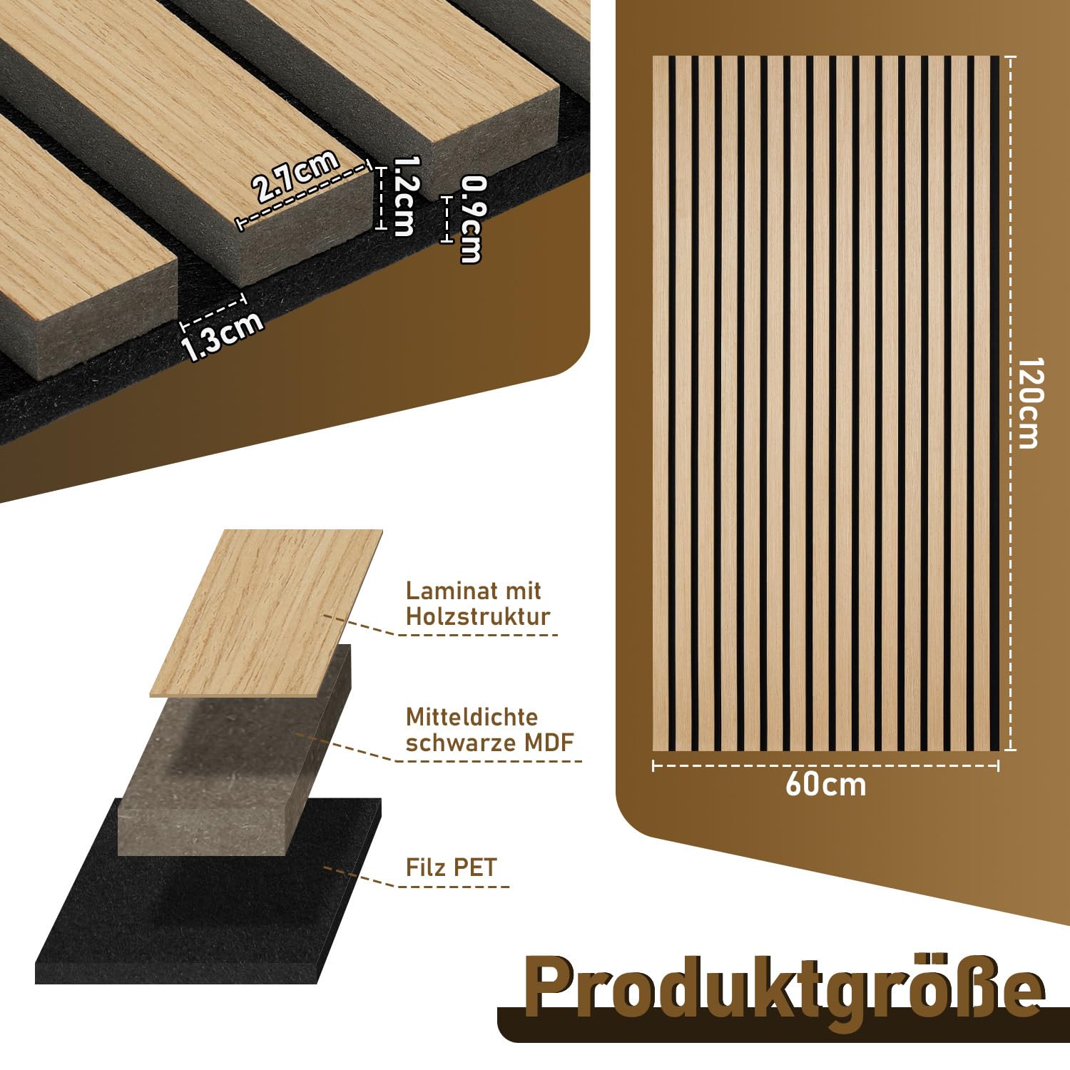 Panele akustyczne z drewna, 120 x 60 cm, zestaw 2 szt. 1,44 m², panele ścienne do okładzin ściennych, redukują hałas i hałas, nowoczesne wzornictwo do wnętrz, dąb