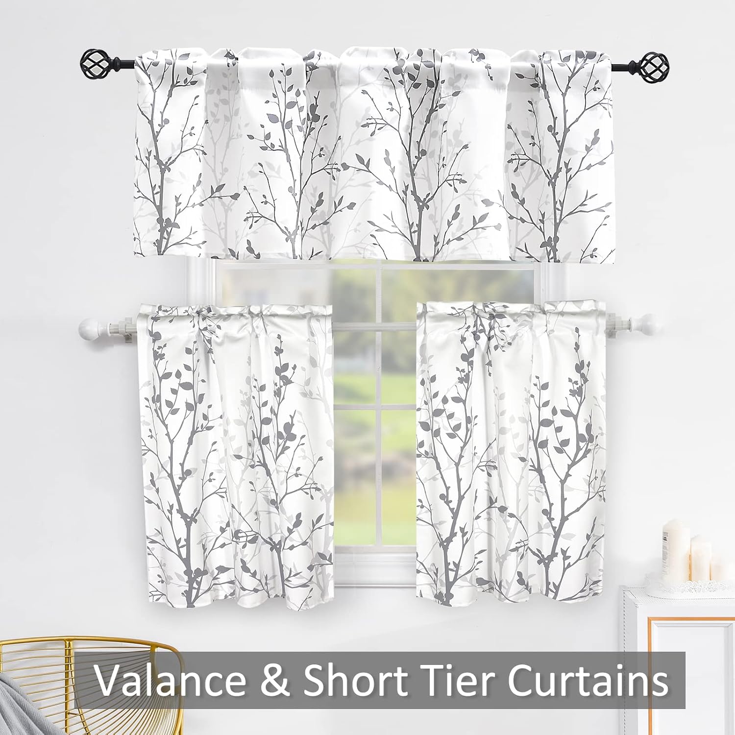 Luvyohmee Grey Short Kitchen Curtains 30 Inch Length, Tree Branch Rod Pocket Bathroom Curtain Tiers, 2 Panels Small Window Curtains for Cafe/Basement/RV/Camper/Bay Window, W25 xL30