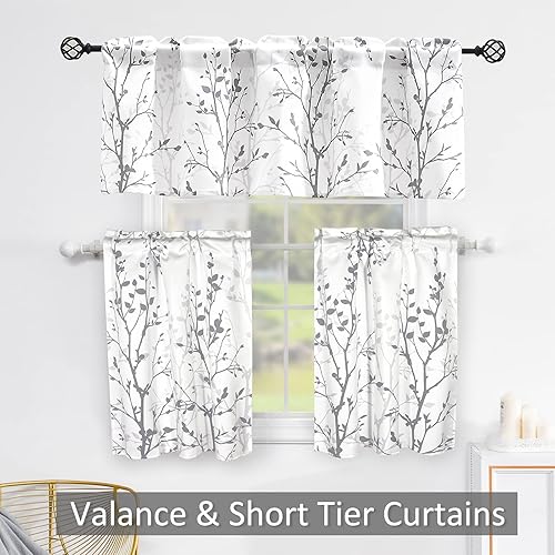 Miniatura 4 de Luvyohmee Juego de cenefas y niveles de cortina de cocina con ramas de árbol gris, cenefa con bolsillo para barra y niveles para ventanas pequeñas,
