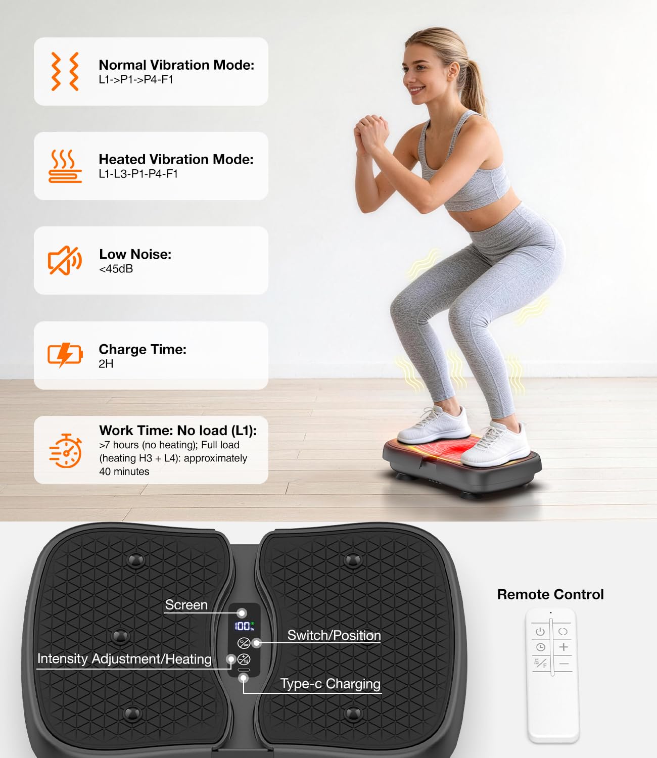 Piattaforma Vibrante con Riscaldamento Vibrator Fitness con 30 Velocità | 5 Modalità Macchina per Esercizi con LCD Touch, Anti Scivolo 130kg Batteria Ricaricabile USB-C – per Rilassamento Muscolare