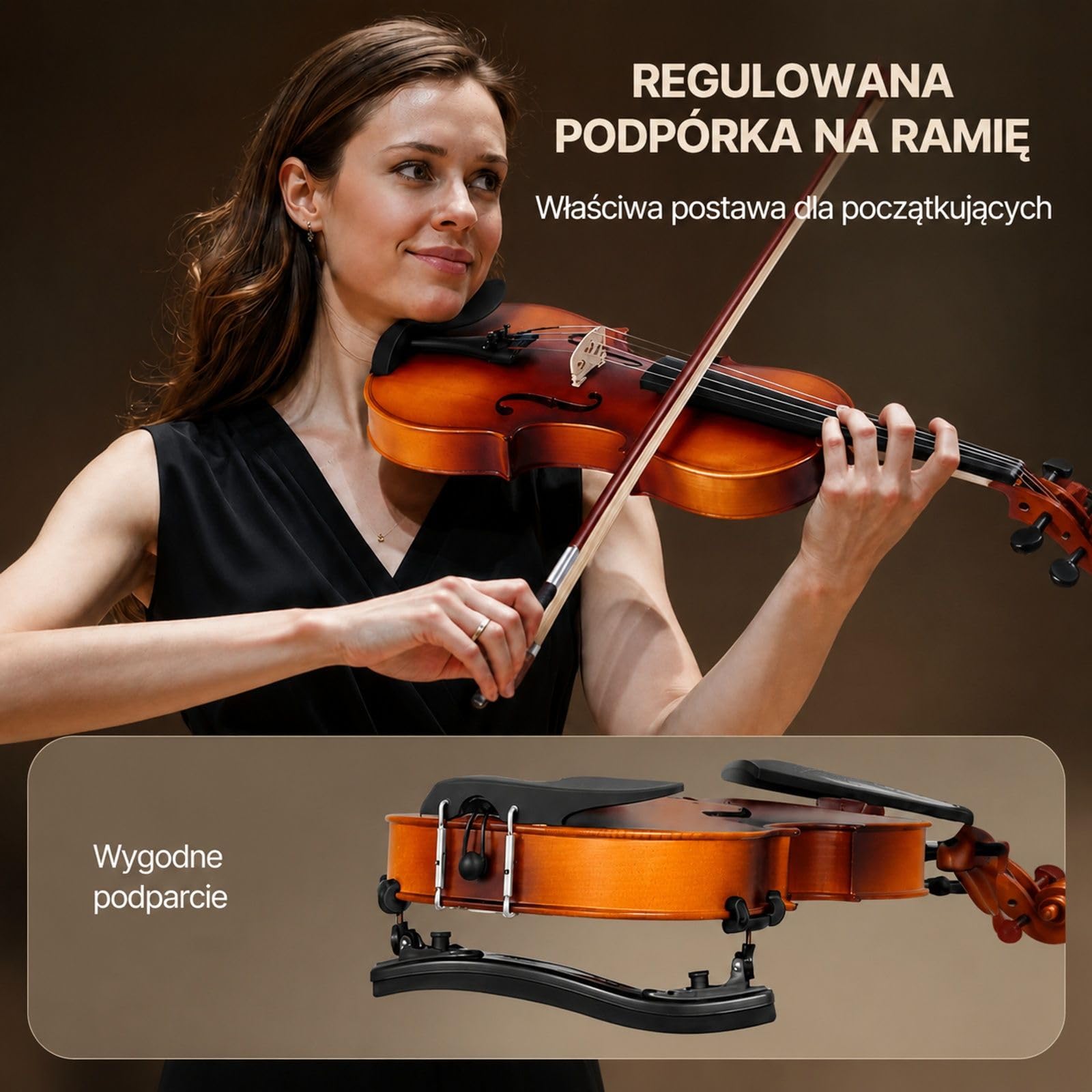 Skrzypce 4/4 w matowym brązie z twardym futerałem, smyczkiem, kalafonią, podpórką na ramię, mostkiem, tunerem i dodatkowymi strunami dla początkujących