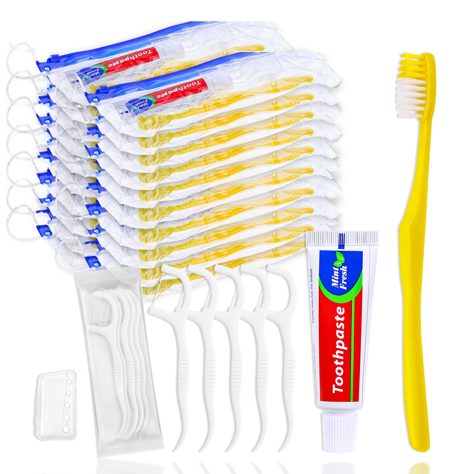 Set di 100 spazzolini da denti usa e getta con dentifricio e filo interdentale, gialli confezionati singolarmente, usa e getta, con custodia con cerniera, per senzatetto, hotel, ospiti