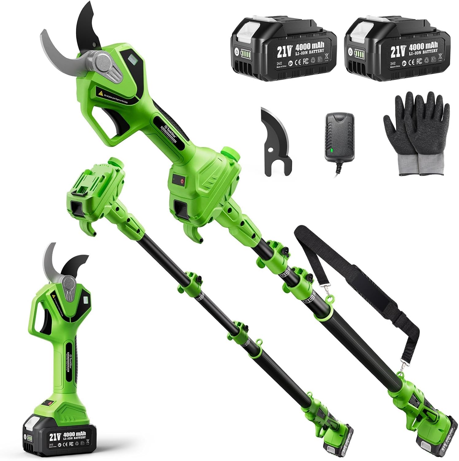 2-in-1 Cordless Electric Pruning Shears with Pole, 1.6" Cutting Capacity Tree Pruner, Brushless Motor, 2×4.0Ah Batteries, Extra SK5 Blade, Ideal for Flower, Branch & Garden Trimming