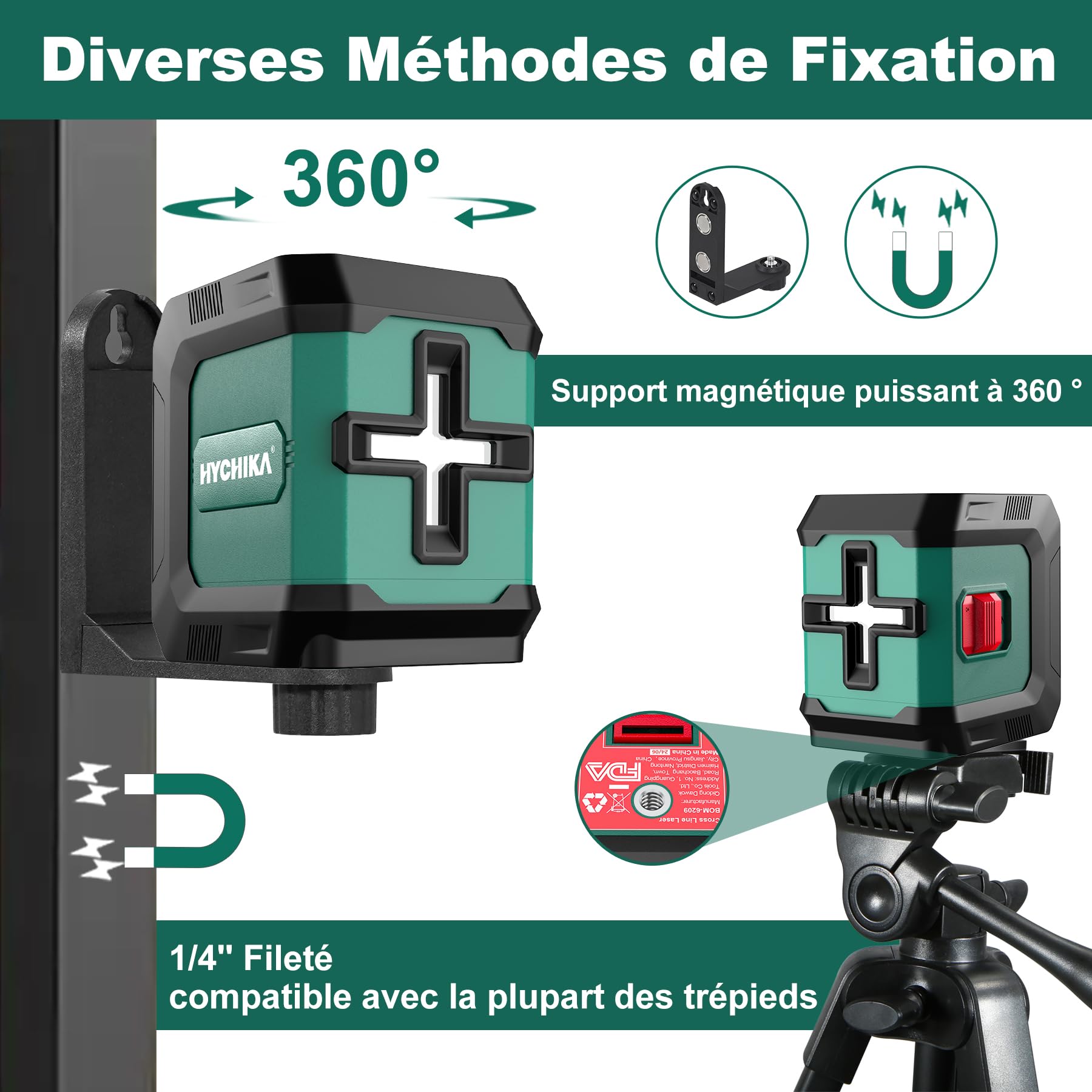 HYCHIKA Niveau Laser 15M, Autonivelant Laser Vert avec 3 Niveaux de Luminosité Réglables, Niveaux Laser avec Support pour Décoration de Maison, 2 Piles AA