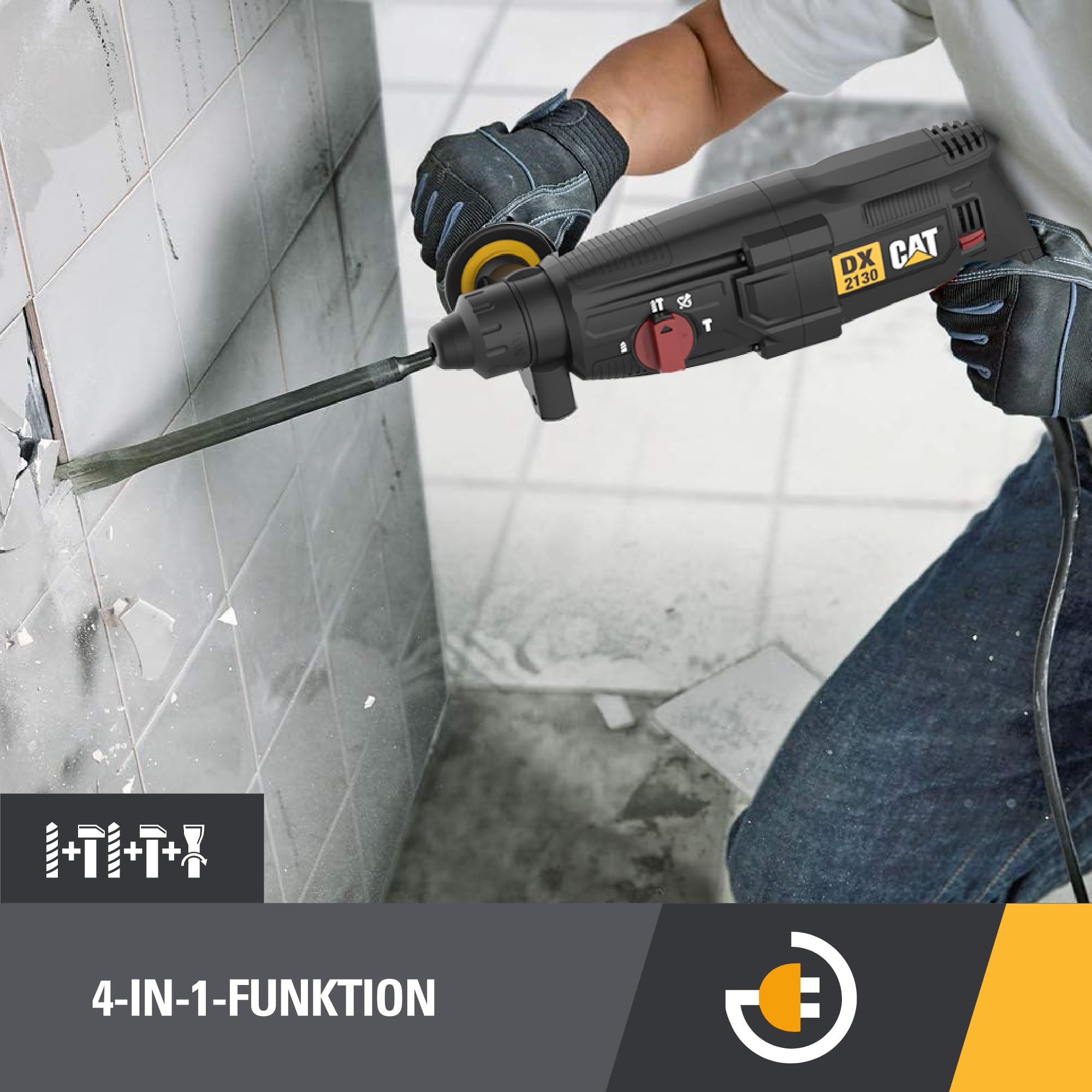 CAT DX2130 Bohrhammer 900W, SDS-plus, 3.2 Joule Schlagenergie, 4-In-1 Funktionen, 28mm Bohrleistung, (inkl. Meißel- und Bohrersatz)