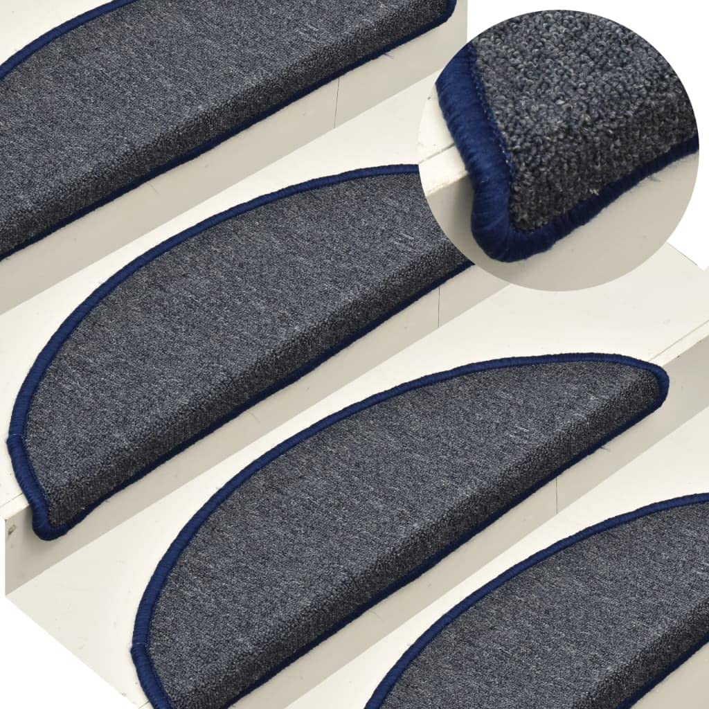 Lot de 15 tapis d'escalier - 56 x 17 x 3 cm - Gris foncé - Bleu - Semi-circulaires - Antidérapant - Lavable - Protection contre les marches et le bruit - Pour escaliers en bois, escaliers en