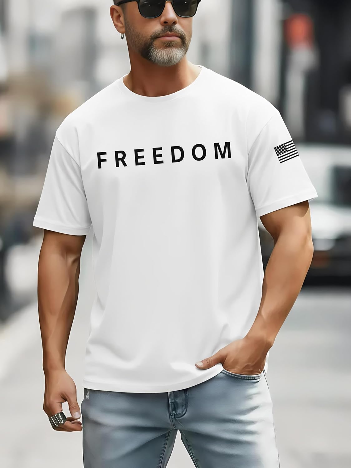 Men's Funny Shirts Dad Husband Freedom America Flag T Shirt Regular Fit Casual Tee Tops Shirts