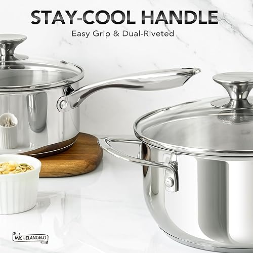 Miniatura 4 de MICHELANGELO Juego de ollas de acero inoxidable con tapas de 1 cuarto, 2 cuartos y 3 cuartos de galón, juego de 6 cacerolas de acero inoxidable,