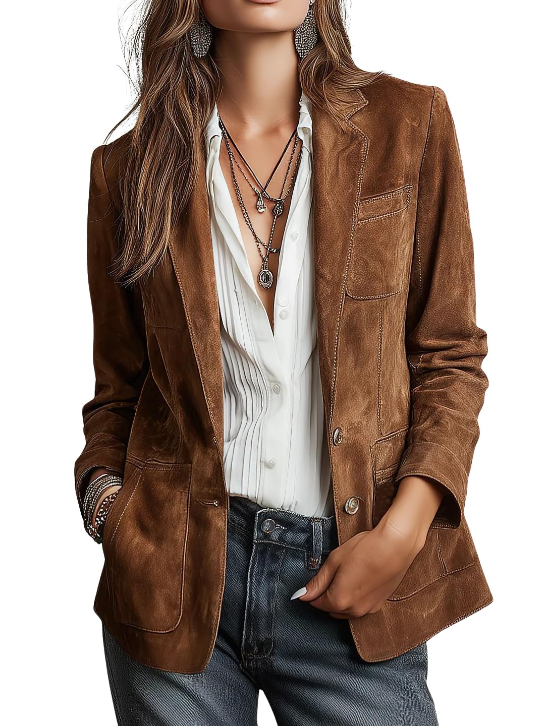 chouyatou Womens Retro Faux Suede Leather Blazer Jacket Notched Collar Work Dressy Business Casual Coat