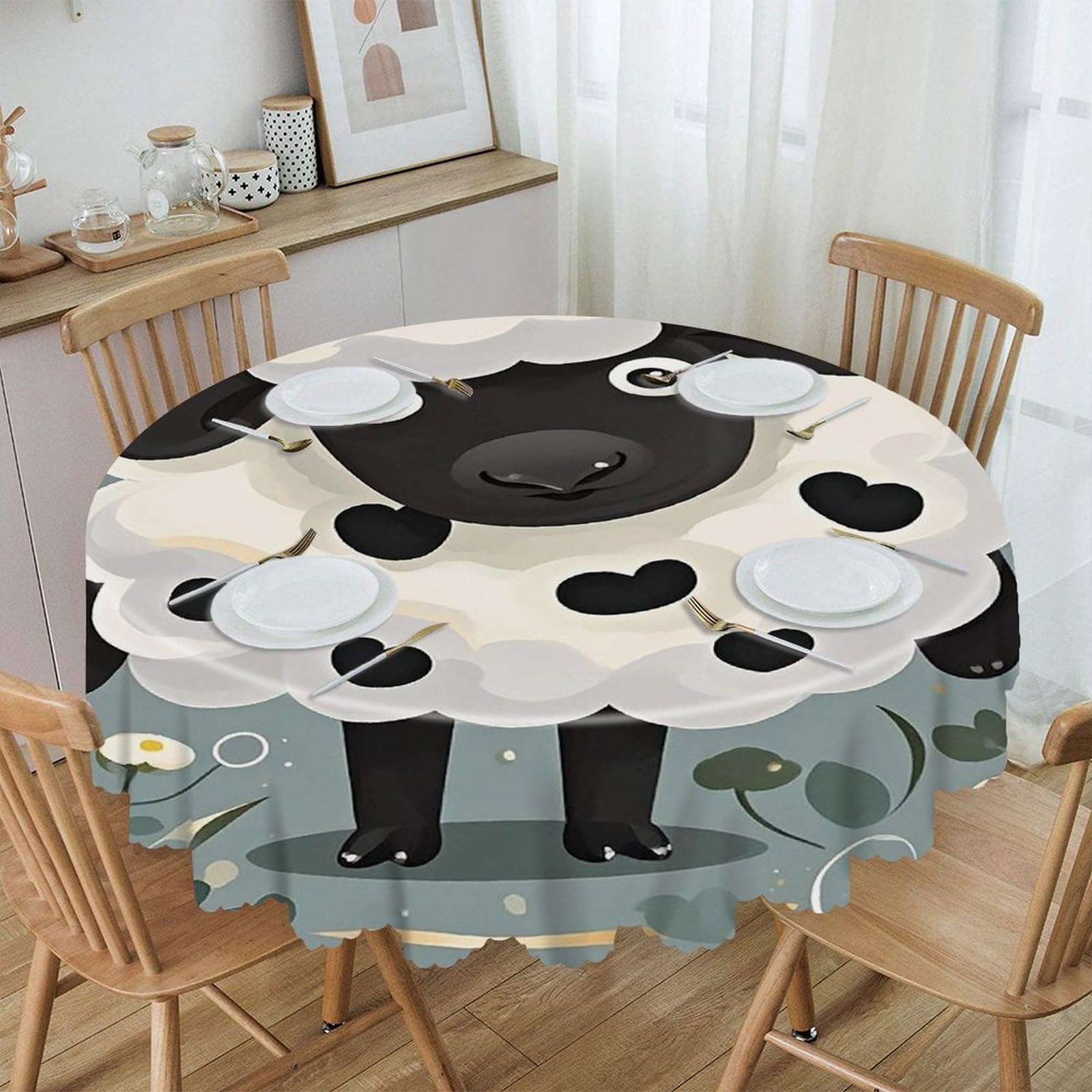 FekiLoot 60 Inch Round Cartoon Black White Sheep Tablecloth Waterproof Heavy Duty Polyester Table Cloth Spill-Proof Wipeable Table Cover Decorative Circle Dining Tablecover for Party Outdoor