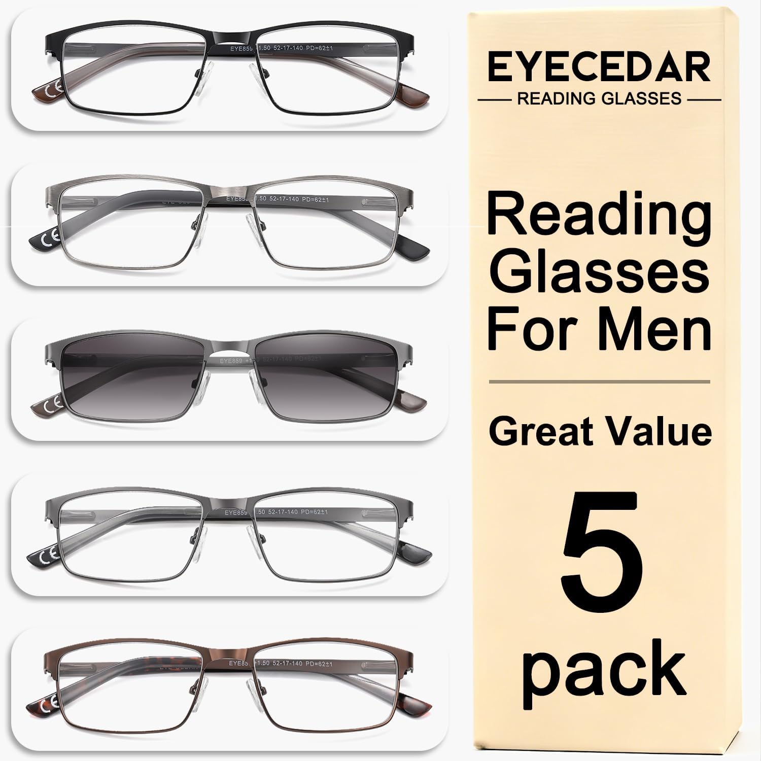 EYECEDAR 5 Pack Reading Glasses Men Ultra-thin Metal Frames Spring Hinges Readers for Men 2.0