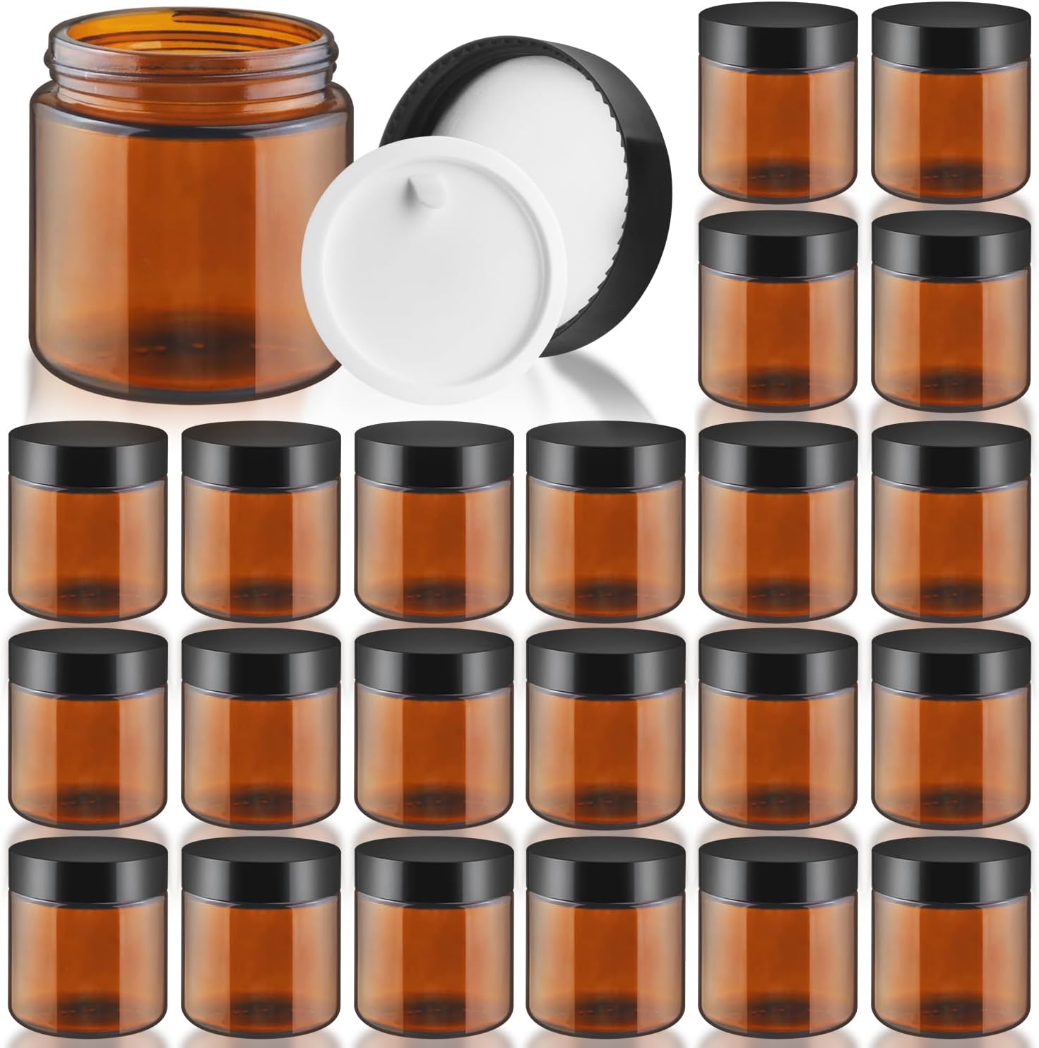 Small Glass Jars with Black Lids,24 Pack Amber Empty Round Glass Jar with Inner Liners for Creams,Lotions,Body Butter,Salves Ointments,Bath Salts,Powders,Travel Liquid Container (4oz)