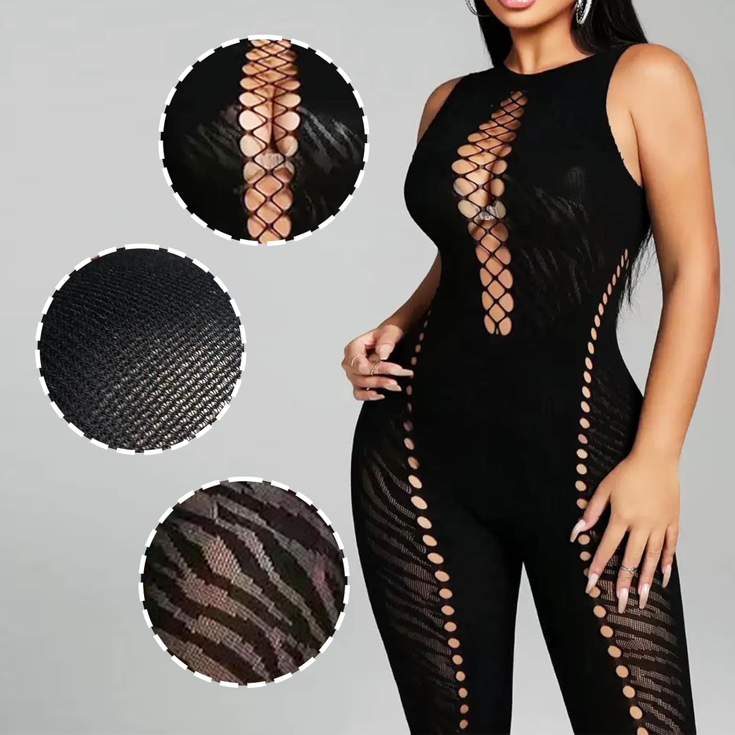 Sexy Mesh Jumpsuit for Women, Fishnet Leopard Sleeveless Bodycon One Piece Club Black Jumpsuits Rave Outfit - Image 2
