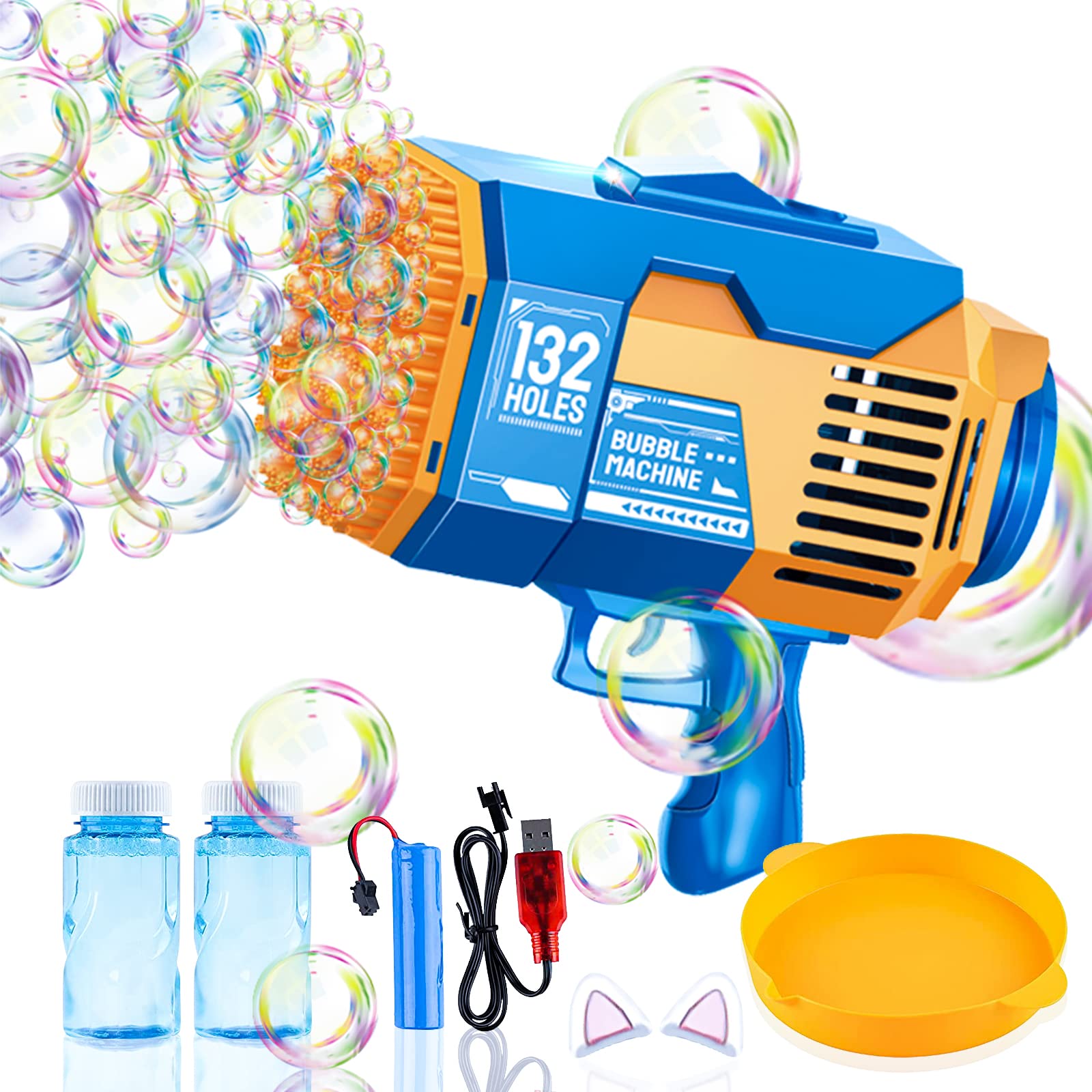 132 Holes Bubble Machine Gun, Bubble Machine for Adults Kids, with Bottled Bubble Refill Solution, Summer Toy Gift for Outdoor Indoor Birthday Wedding Party (Blue)