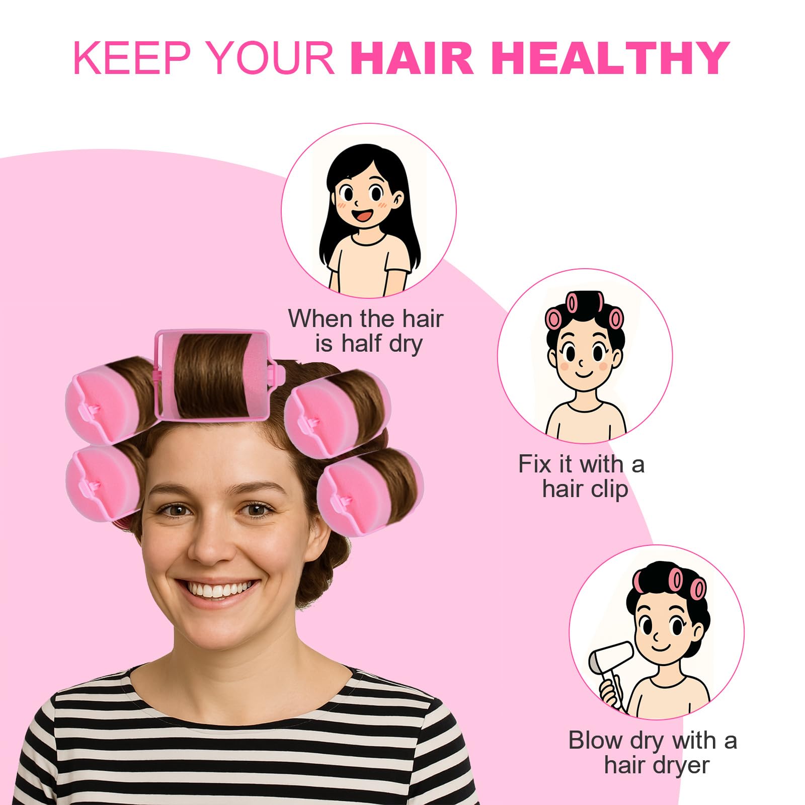 24 rodillos de esponja de espuma para el cabello, rizadores de pelo suaves para dormir para peinar el cabello (2 pulgadas, rosa)