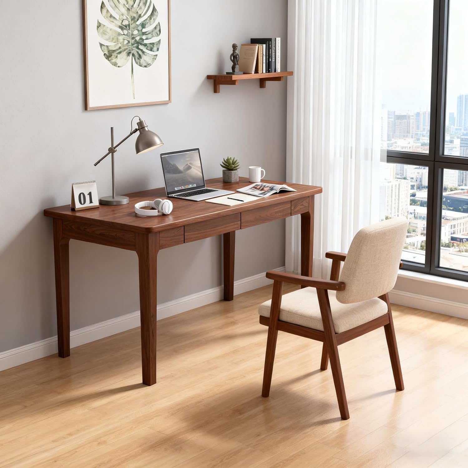 Solid Wood Desk with Drawer, Gaming Study Home Office Desks for Work, Vintage Computer Table for Small Spaces, Living Room, Bedroom, Easy to Assemble (Walnut, 39.4inch)