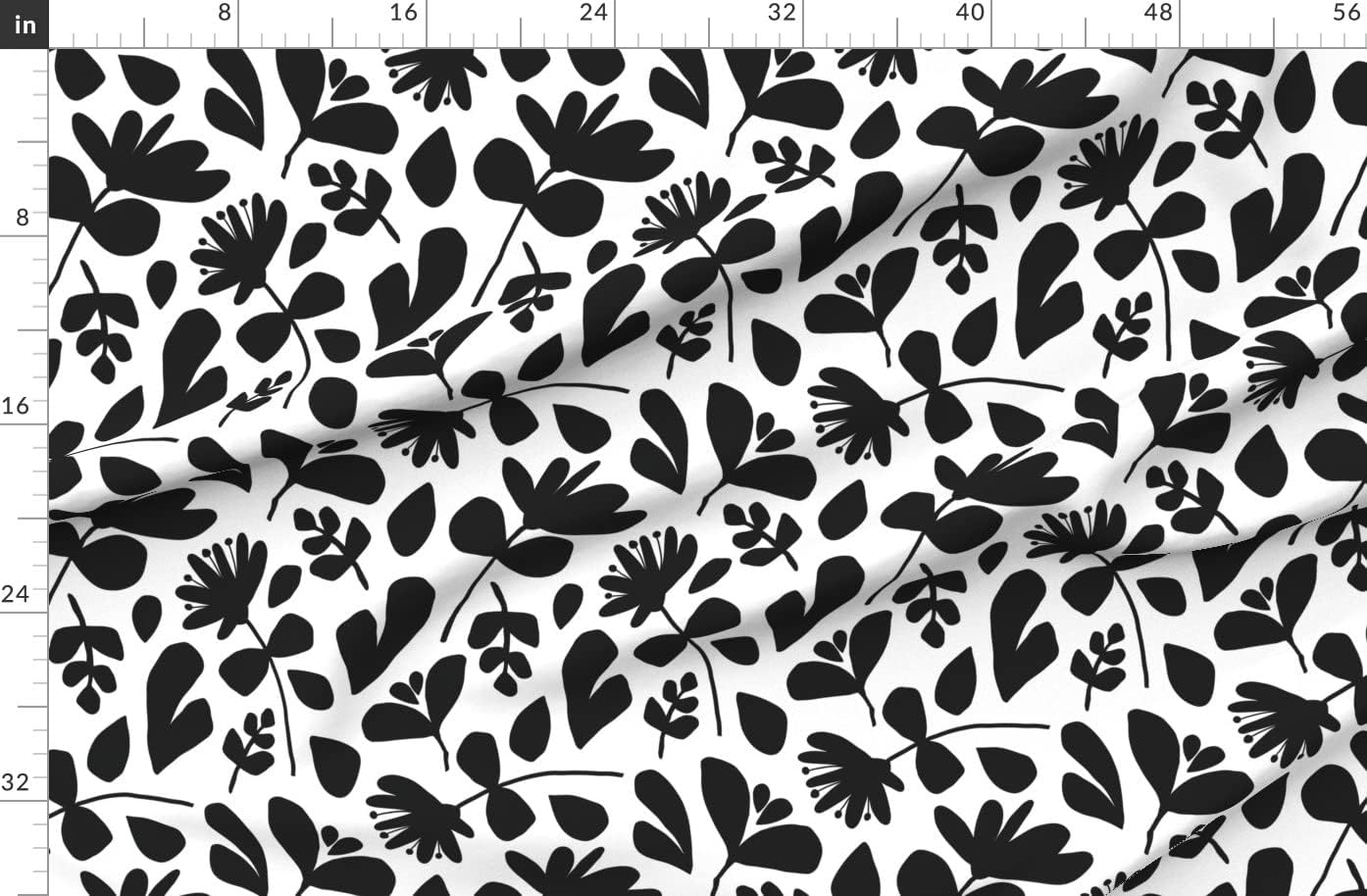 Spoonflower Fabric - Floral Silhouette Flowers Black White Leaves Hand Large Botanical Fern Printed on Organic Cotton Sateen Fabric by The Yard - Sewing Quilting Apparel Home Decor