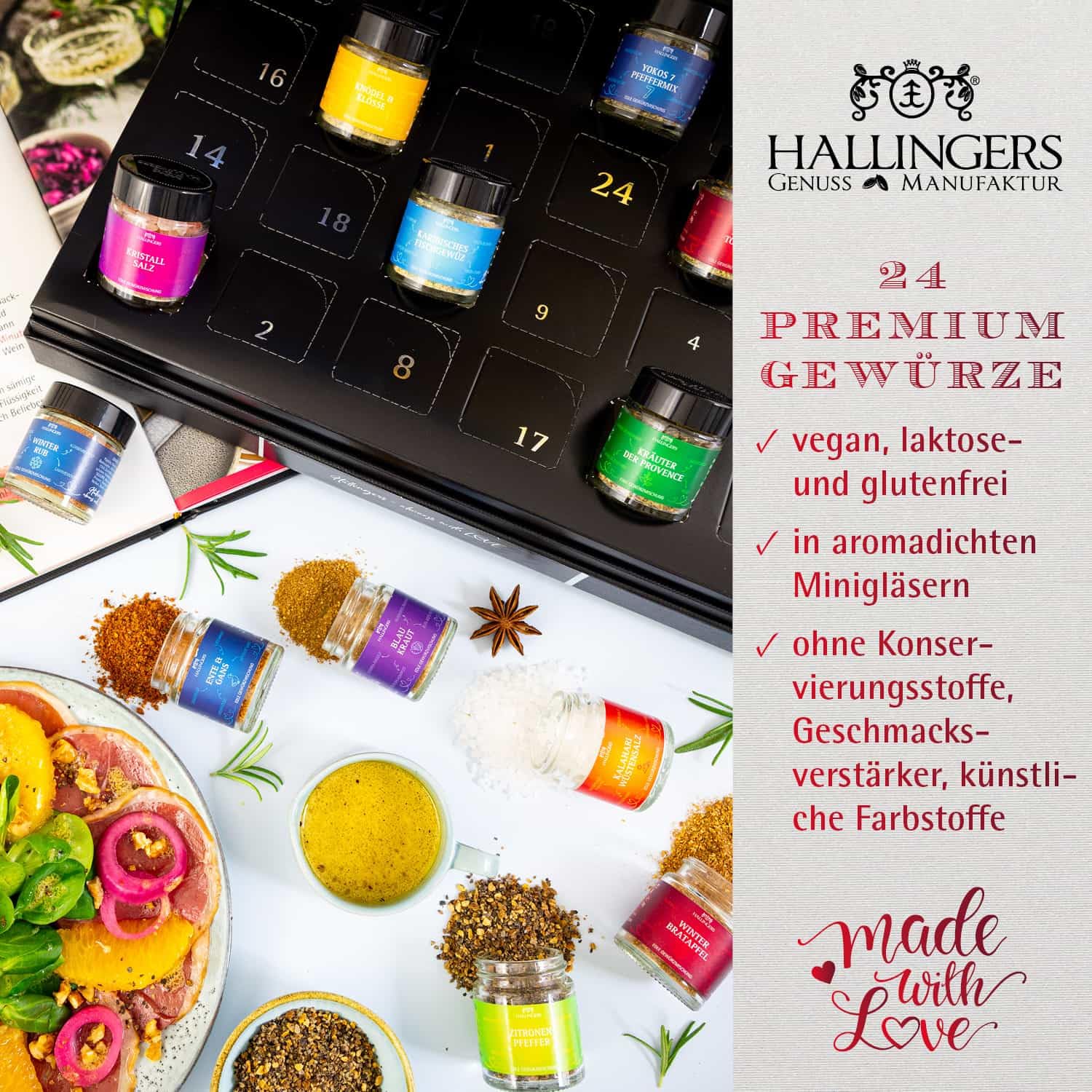 Hallingers Genuss Manufaktur Gewürz Adventskalender - 24 Gewürze aus aller Welt in edler Box mit Rezept-Booklet "Winterkalender ..." Bundle mit Kochbuch, Weihnachtskalender für Frauen Männer