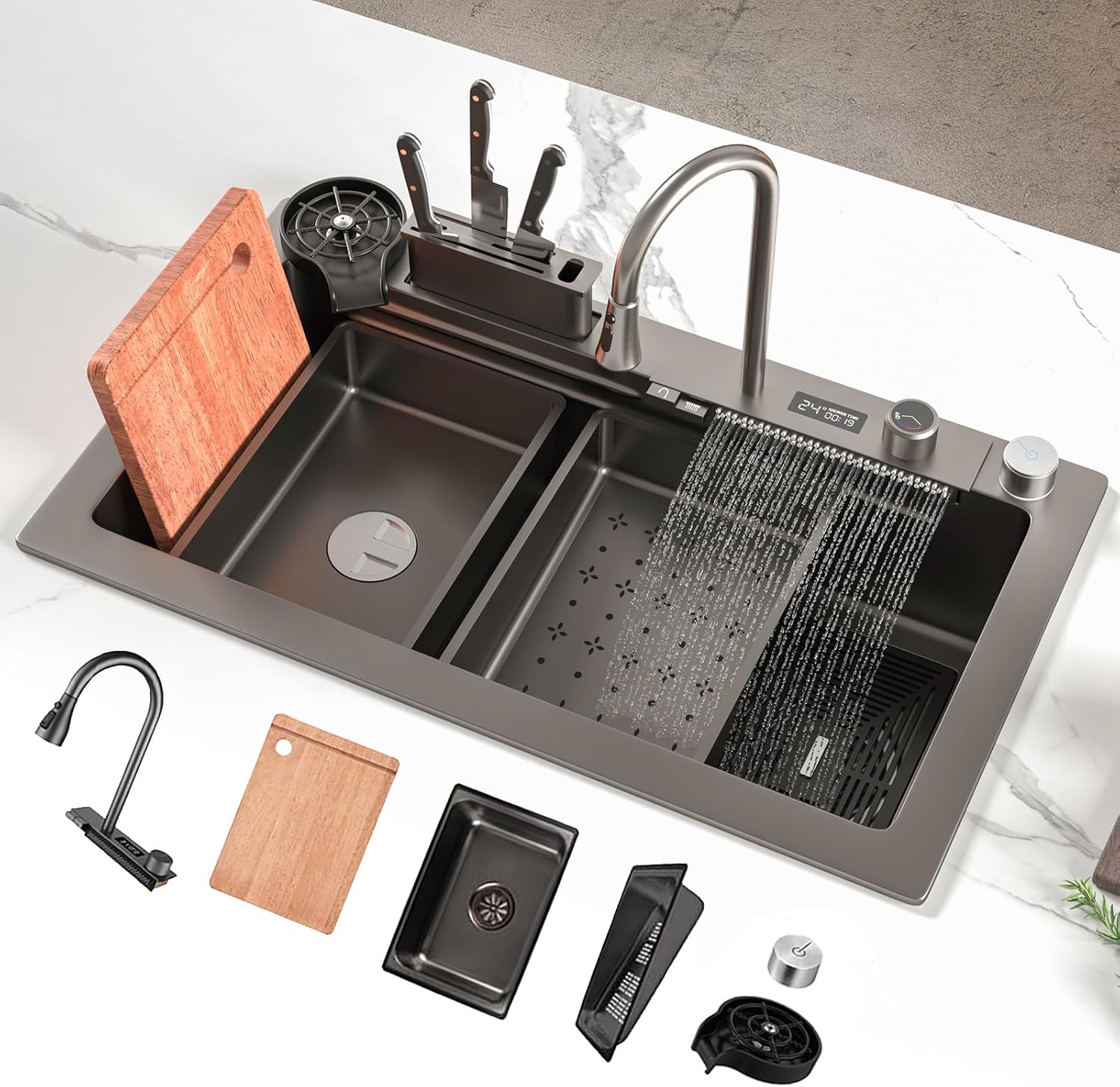 Kitchen Sink 1 Basin Black Built-in Sink 80 x 45 cm Waterfall Sink Large Sink Workplace Kitchen Sink Water Temperature Display with Knife Holder