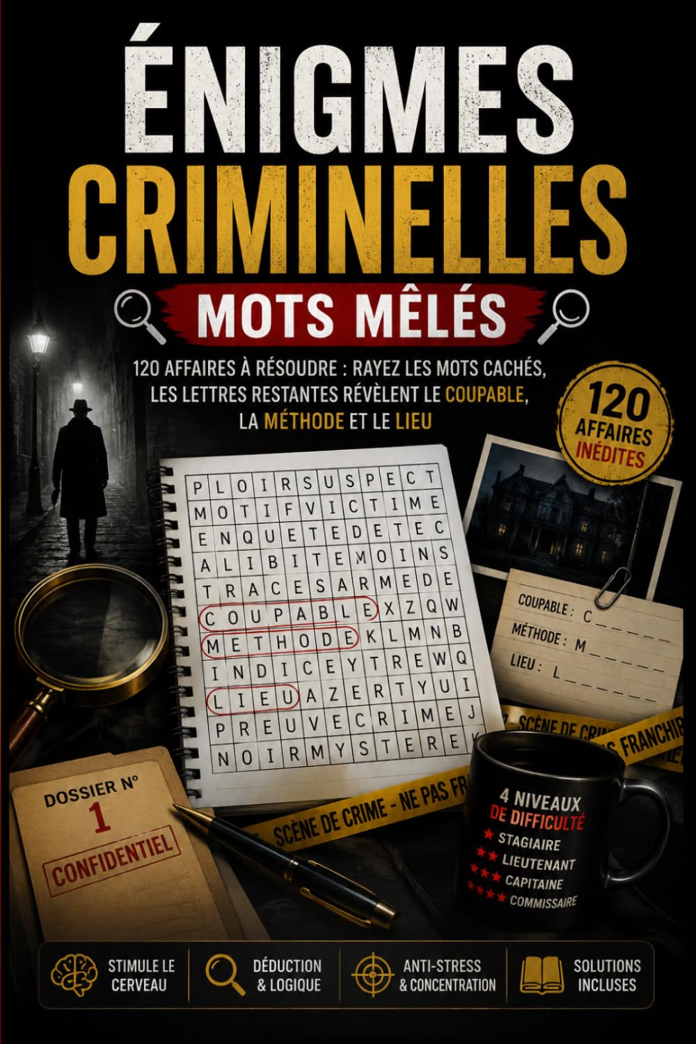 Énigmes Criminelles Mots Mêlés: 120 affaires à résoudre : rayez les mots cachés, les lettres restantes révèlent le coupable, la méthode et le lieu – Grilles à message secret pour adultes