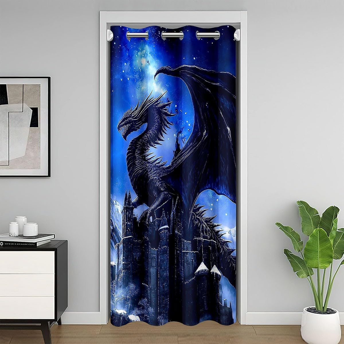 Fierce Dragon Door Curtain for Boys Girls Castle Mountain Scenery Doorway Curtain 52" W x 80" L Mysterious Fairy Tale Blackout Curtain Nebula Starry Galaxy Curtain Tapestry for Hallway