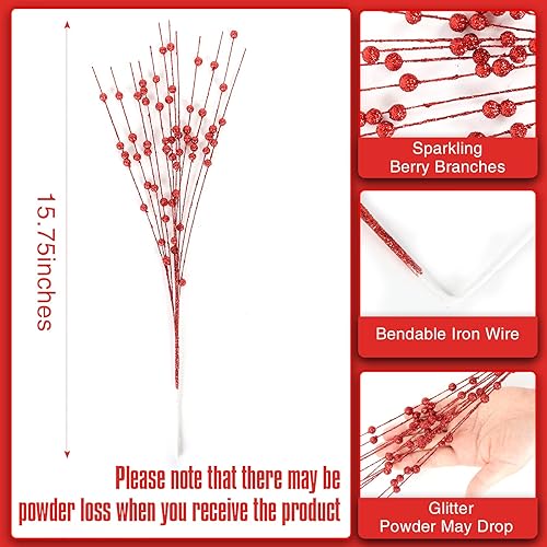 Miniatura 2 de joyhalo Paquete de 24 adornos artificiales con tallos de bayas con purpurina, palitos decorativos de cuentas, ramitas brillantes, púas, ramas para