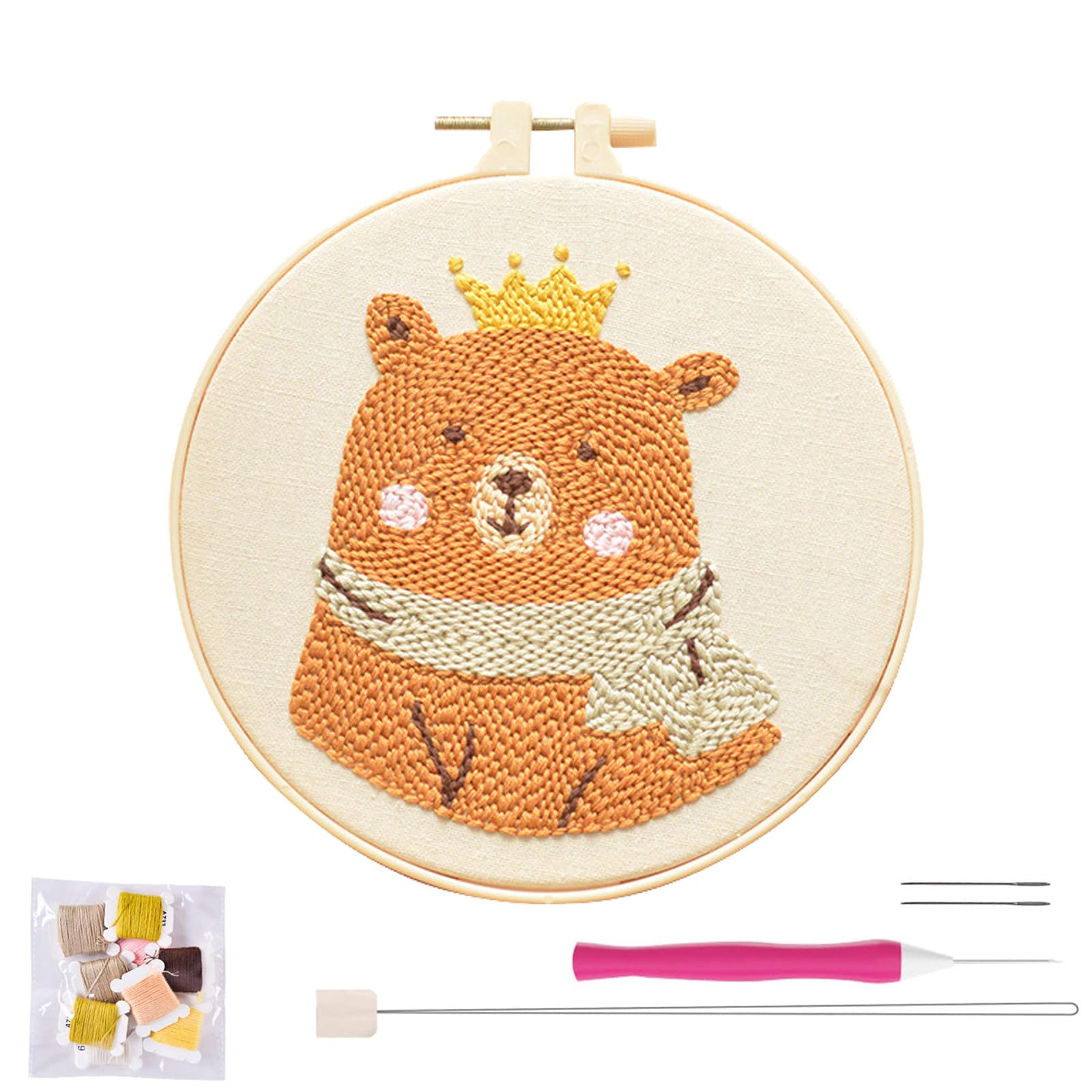 artcici パンチニードルキット 初心者向け アニマルヒグマ柄ツールと糸付き 簡単刺繍ラグフックセット (ブラウン)