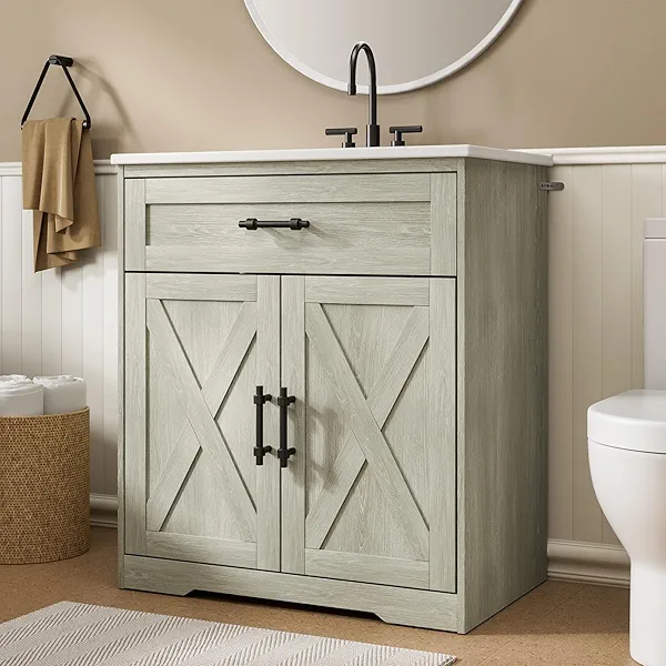 Amada 30″ Bathroom Vanity with Ceramic Sink, Farmhouse Undermount Vanity Sink Cabinet with 2 Doors and 1 Drawer, Free Standing Bathroom Storage Cabinet with Sink Combo Set, Grey