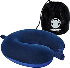 Makimoo Memory Foam Travel Pillow, Neck Pillow, Comfortable and Lightweight, Ideal for Sleeping on Airplane, Car, Bus and Home Use (Blue)