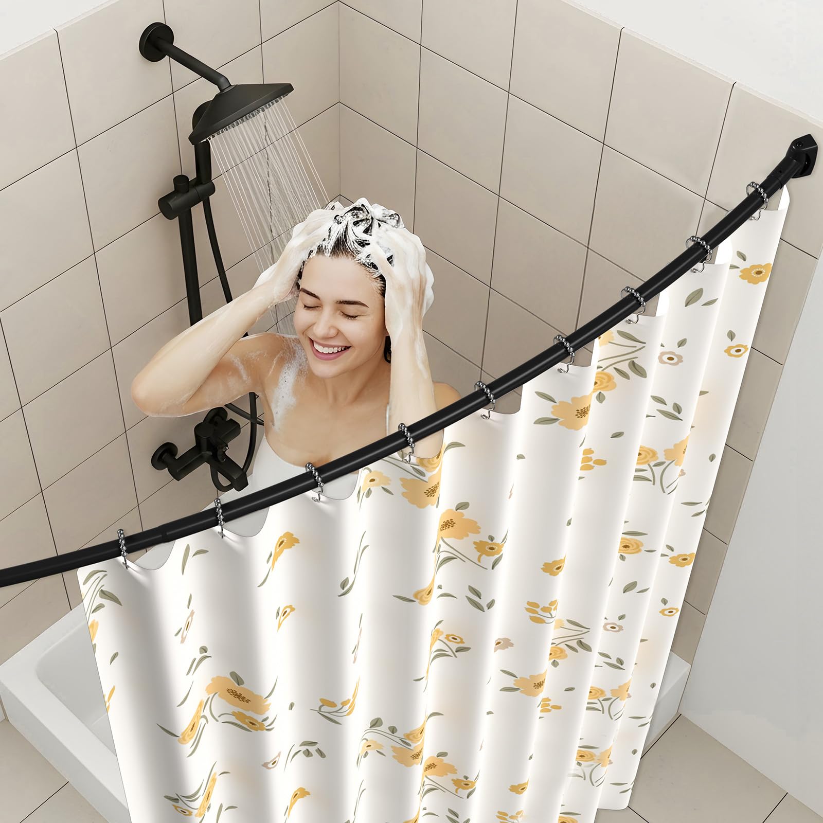 ZipGlo Curved Shower Curtain Rod 43-71 Inch Tension Curtain Rod Shower Curtain Rod for Bathroom or Windows Shower Curtain Tension Rod Tension Rod for Windows Adjustable Length Black