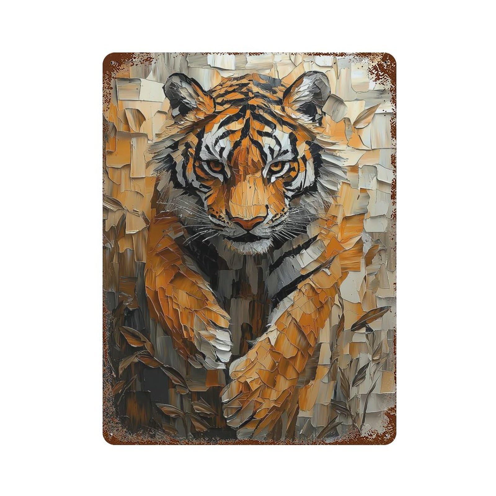 Majestic Tiger in Dynamic Impasto Motion Aged Metal Wall Plaque 15.7"x11.8", Industrial Home Decor for Pub, Kitchen And Man Cave Decor