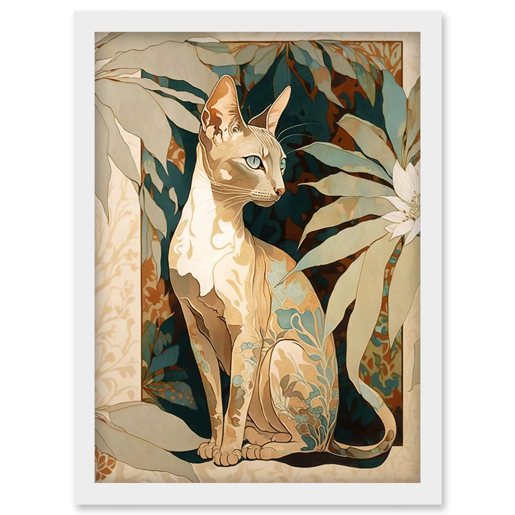 Artery8 Oriental Shorthair Cat Botanical Pattern Fur and Plants Modern Art Nouveau Watercolour Illustration Artwork Framed Wall Art Print A4