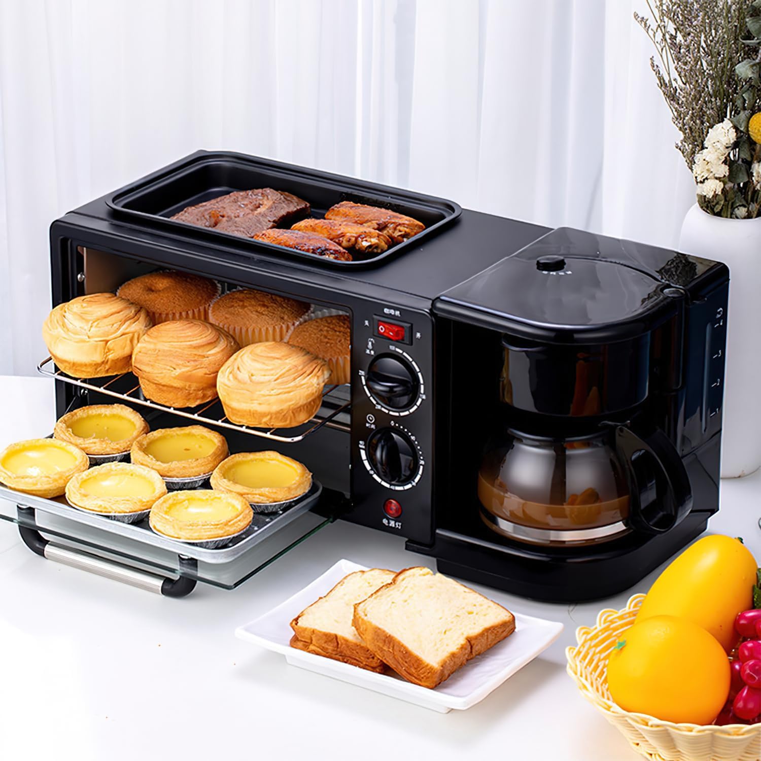 3-in-1 Breakfast Station with Toaster Oven, Coffee Maker, and Griddle, Multifunctional Kitchen Appliance