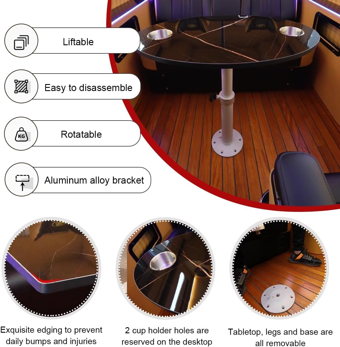 RV Foldable Dinette Table with Swivel Functionality, Removable Oval Top, 360° Rotation, Includes 2 Cup Holders