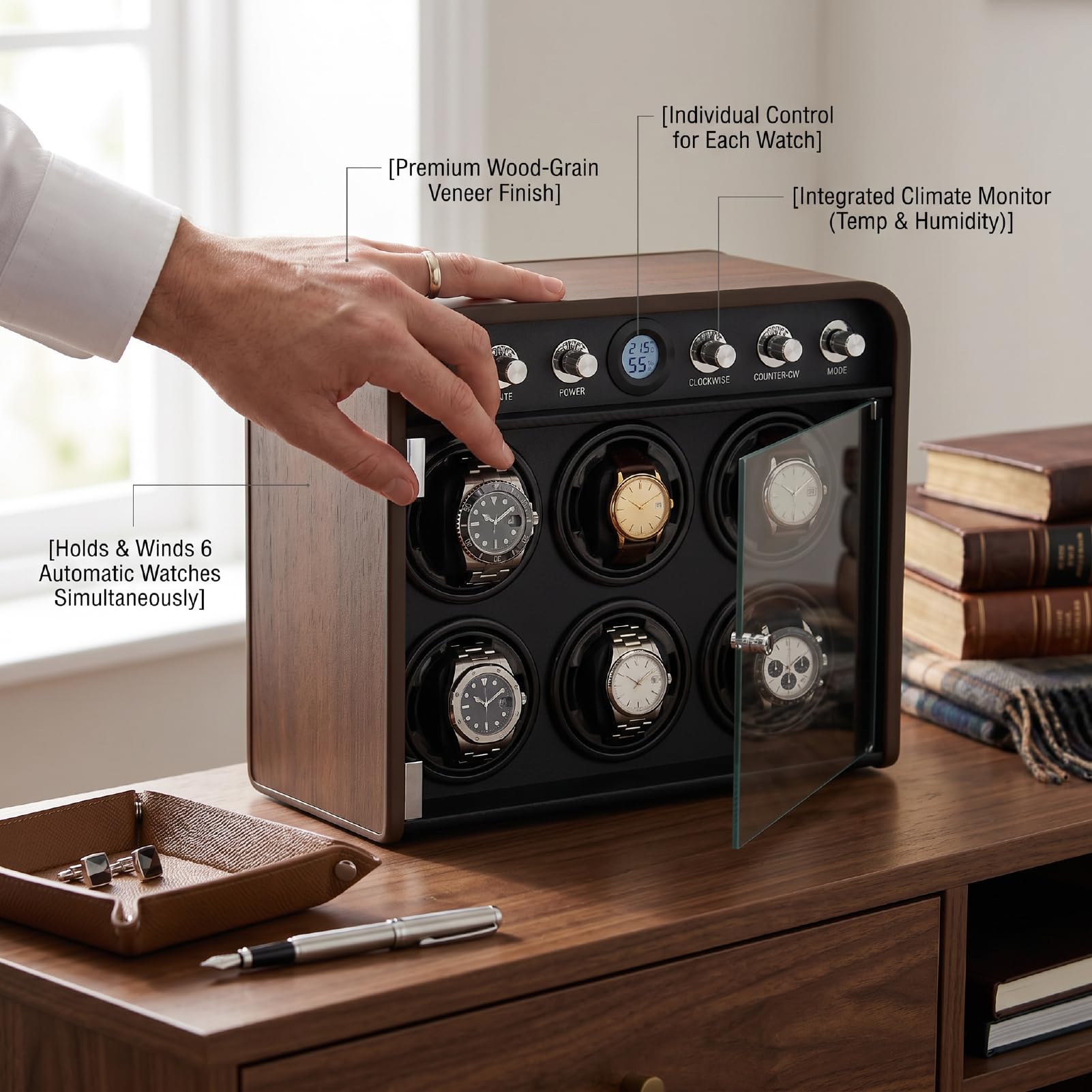 VGEBY Uhrenbeweger, Automatischer Uhrenbeweger mit Gehäuse aus Faserdichteplatine, 5 Modi, LED-Leuchten und 6 Bedienknöpfen für Automatische Uhren, Sammler-Home-Display