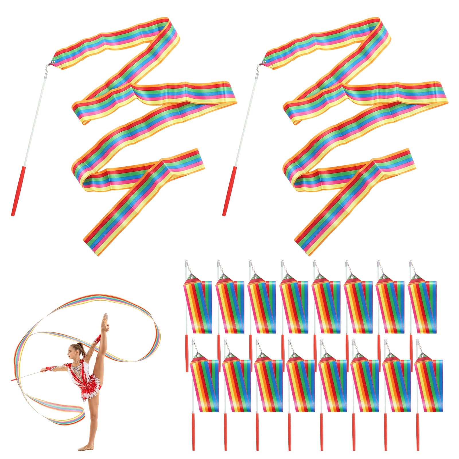 LOPYXBR 40 Packs Dance Ribbons Party Favor, 2 M/6.6 Ft Rhythmic Gymnastics Dancing Wands, Rainbow Ribbon Dance Ribbons for Adults with 29cm Handle for Birthday Party Supplies, Rhythmic Gymnastics
