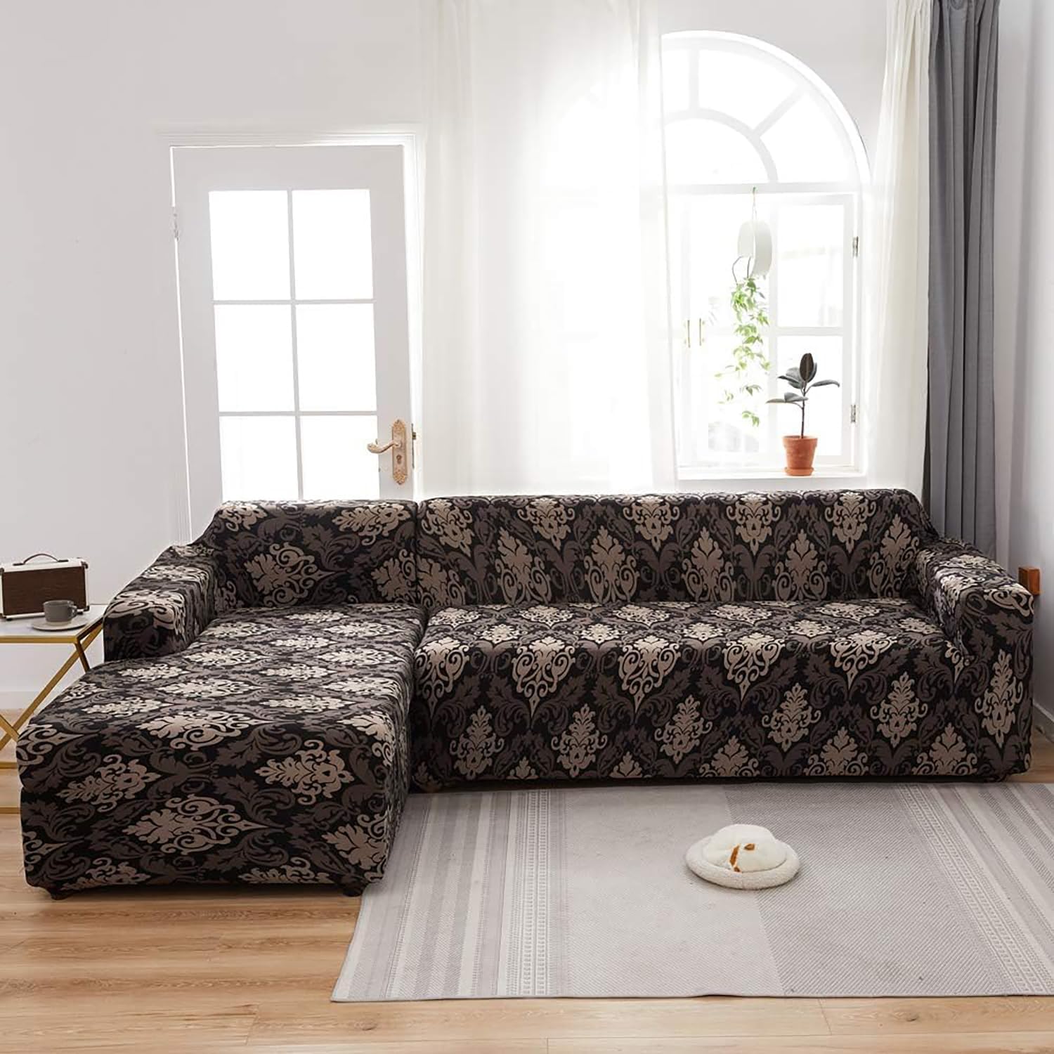 Gifts Island® Universal Sectional 180 GSM Sofa Covers L-Shape Slipcover 2pcs Non-Slip Sticky Elastic Stretchable Fade Resistant Chaise Cover for Bedroom, Brown Damask-image-3