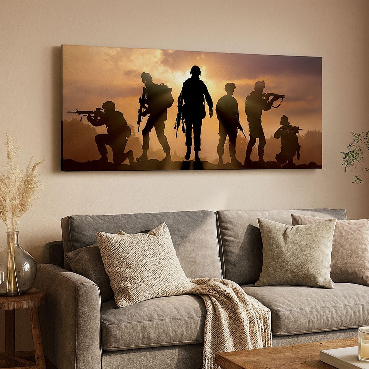 Cuadro Decorativo 160x50cm Moderno Panorámico Personas Militar - 2962 | Ejército Arma Sol Cuadro sobre Lienzo Grande Arte mural Decoración del Hogar Salón Dormitorio Cocina Oficina Cuadros de Pared