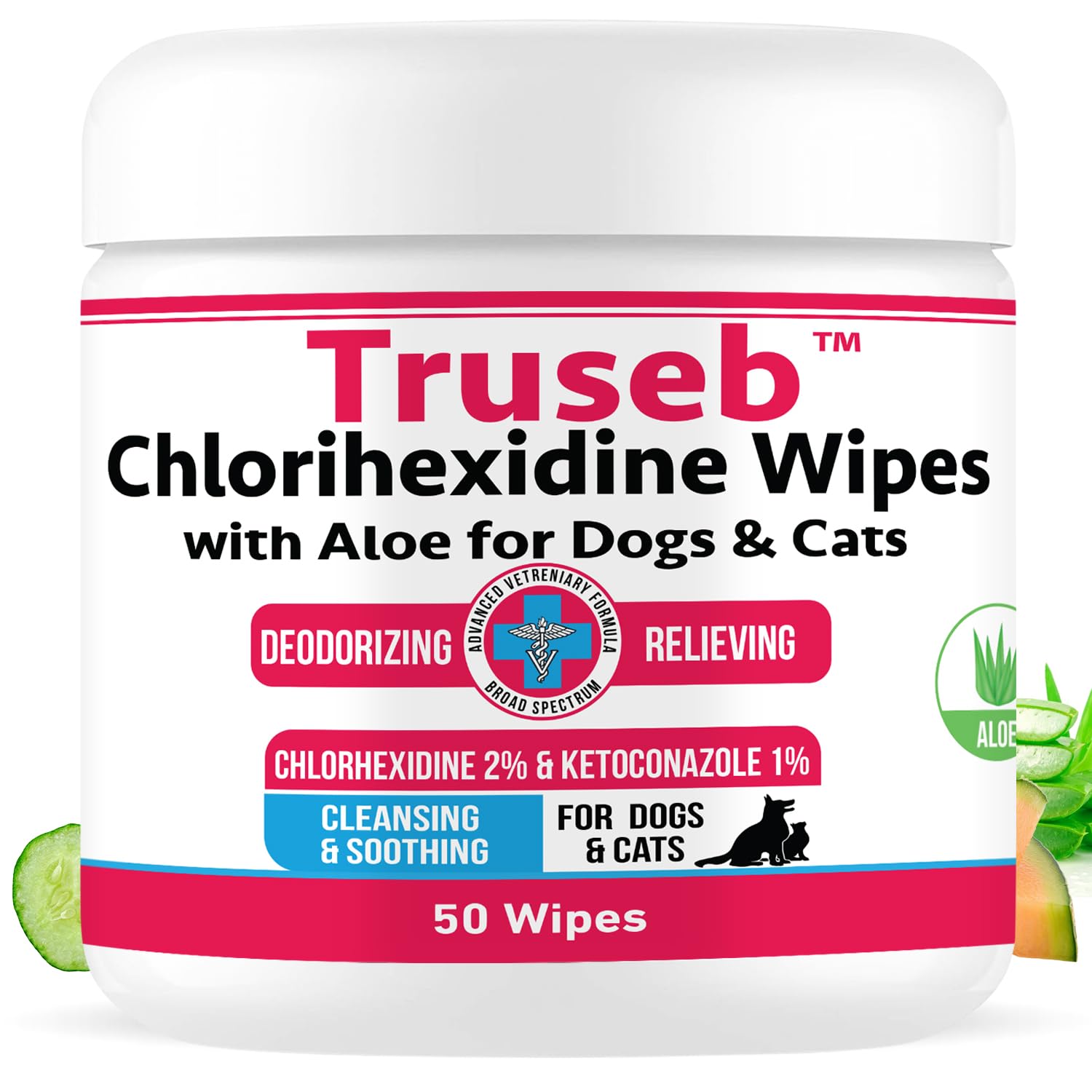 Pet Health Pharma Truseb Topical Ketoconazole and Chlorhexidine Wipes for Dogs, Cats and Horses - with Aloe for Cleansing - 50 Count (Ketoconazole & Chlorhexidine Wipes, 50 Count)