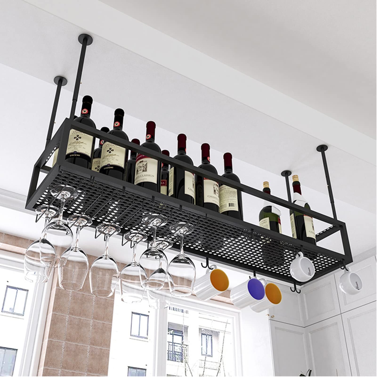 Botellero, Soporte Colgante para Copas de Vino, botellero metálico, botellero Ajustable con Soporte para Copas, botellero de Techo Negro Mate para Copas (tamaño: 60x25x21cm)